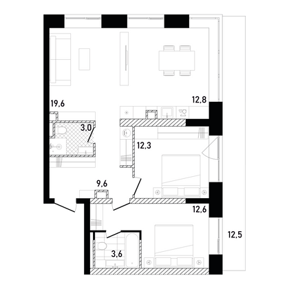 77,3 м², 2-комн. квартира, 18/26 этаж