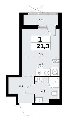 21,3 м², своб. планировка, 5/19 этаж