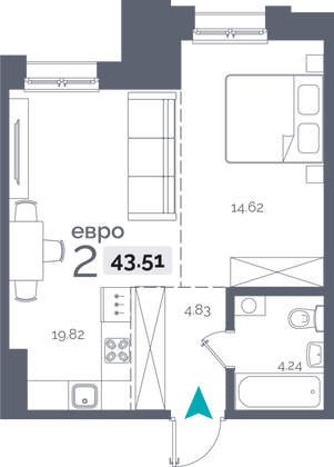 43,5 м², 1-комн. квартира, 2/15 этаж