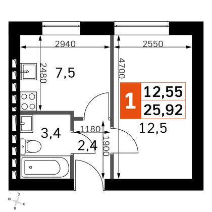 25,9 м², 1-комн. квартира, 4/4 этаж