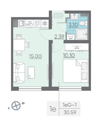 Продажа 1-комнатной квартиры 30,6 м², 22/25 этаж