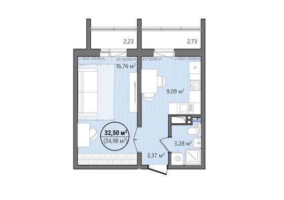 Продажа 1-комнатной квартиры 37,6 м², 2/14 этаж