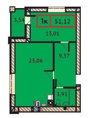 Продажа 1-комнатной квартиры 51,1 м², 1/9 этаж