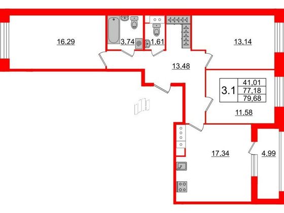 Продажа 3-комнатной квартиры 77,2 м², 9/12 этаж