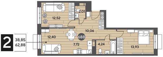 Продажа 2-комнатной квартиры 62,9 м², 9/15 этаж
