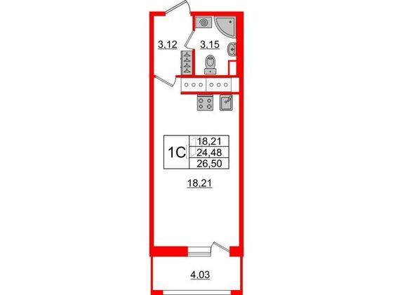 Продажа квартиры-студии 24,5 м², 11/18 этаж