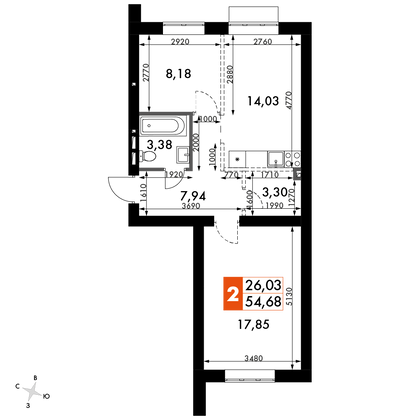 54,7 м², 2-комн. квартира, 1/4 этаж