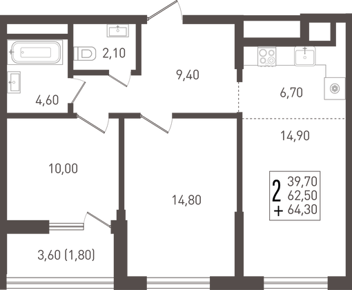 64,3 м², 2-комн. квартира, 7/8 этаж