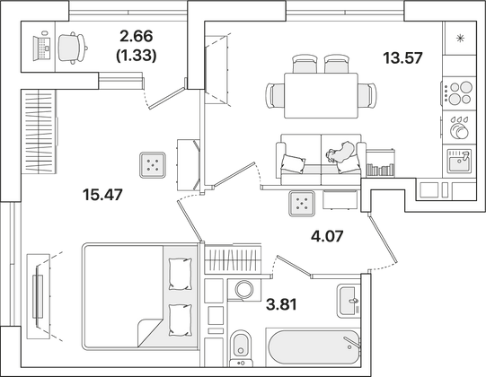 38,3 м², 1-комн. квартира, 10/12 этаж