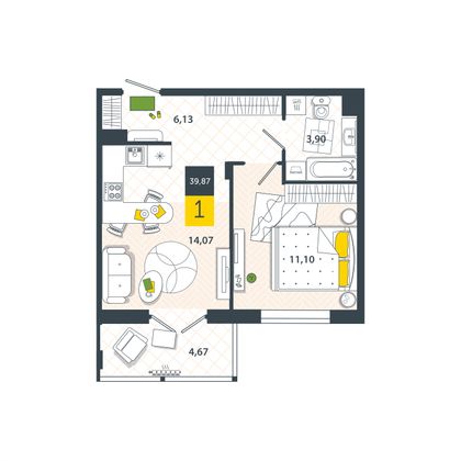 Продажа 1-комнатной квартиры 39,9 м², 8/8 этаж