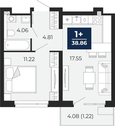 38,9 м², 1-комн. квартира, 6/12 этаж