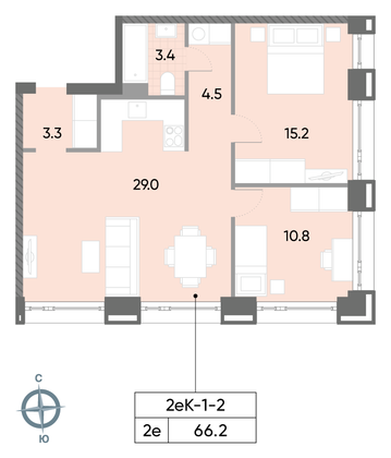 Продажа 2-комнатной квартиры 66,2 м², 2/52 этаж