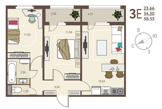 58,5 м², 2-комн. квартира, 2/17 этаж