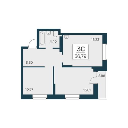 56,8 м², 3-комн. квартира, 3/23 этаж