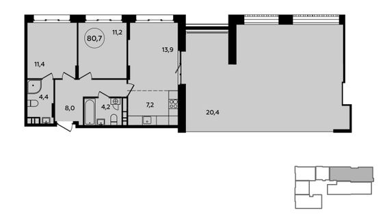 79,5 м², своб. планировка, 10/15 этаж