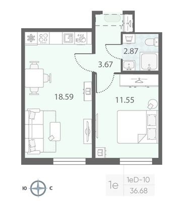 Продажа 1-комнатной квартиры 36,7 м², 12/23 этаж