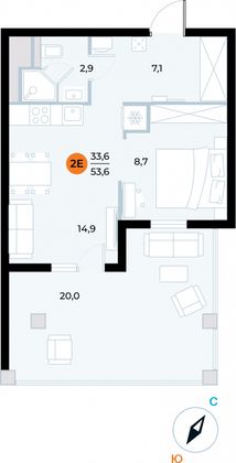 53,6 м², 1-комн. квартира, 2/6 этаж