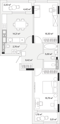 69,1 м², 2-комн. квартира, 3/7 этаж