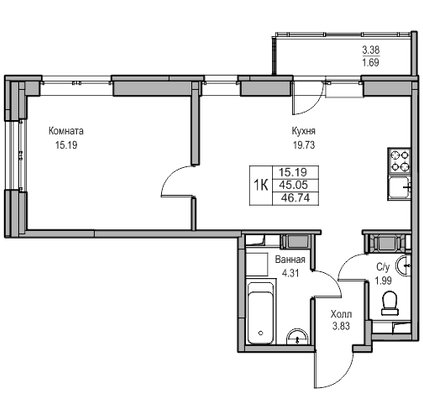 Продажа 1-комнатной квартиры 45,1 м², 6/23 этаж