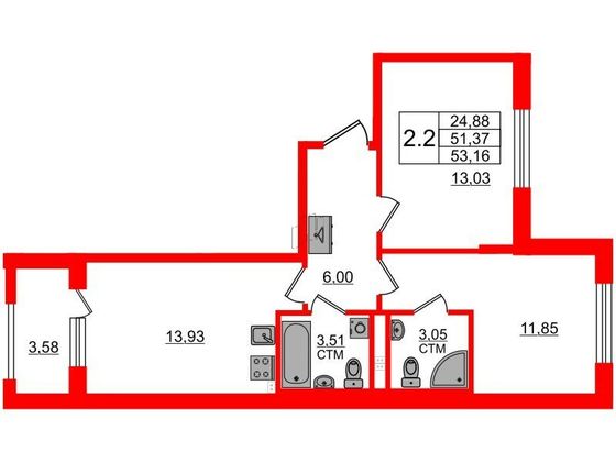 Продажа 2-комнатной квартиры 51,4 м², 2/4 этаж