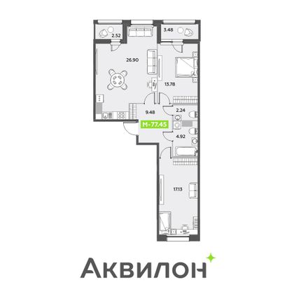 77,4 м², 2-комн. квартира, 12/12 этаж