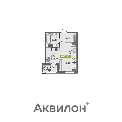 25,9 м², студия, 3/16 этаж