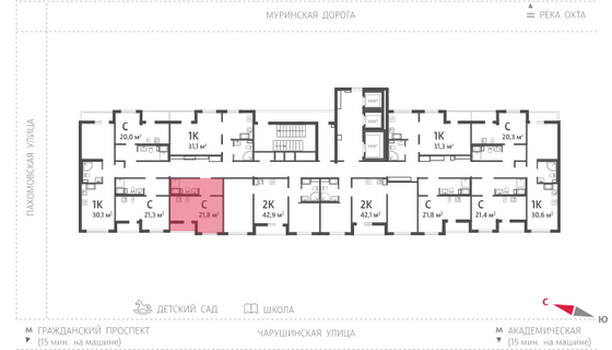 21,8 м², студия, 12/24 этаж