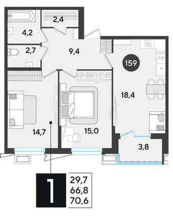 70,6 м², 2-комн. квартира, 2/9 этаж