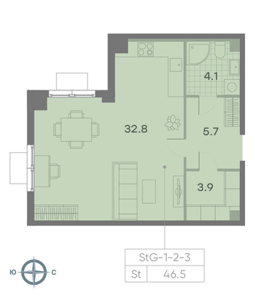 Продажа квартиры-студии 46,5 м², 2/23 этаж