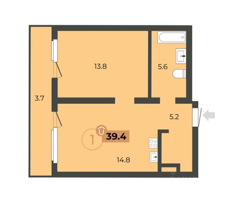 Продажа 1-комнатной квартиры 39,4 м², 2/15 этаж