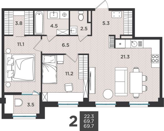 69,7 м², 3-комн. квартира, 2/9 этаж