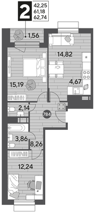 Продажа 2-комнатной квартиры 62,7 м², 5/12 этаж