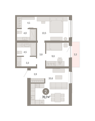 Продажа 2-комнатной квартиры 70,7 м², 2/7 этаж