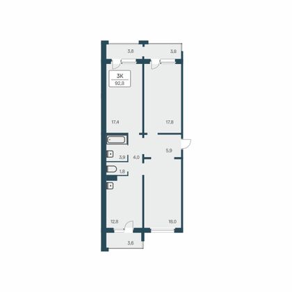 92,8 м², 3-комн. квартира, 8/17 этаж