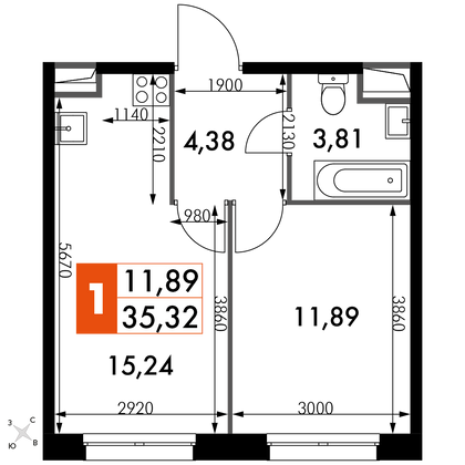 35,3 м², 1-комн. квартира, 4/15 этаж