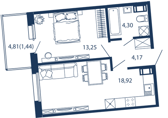 42,1 м², 1-комн. квартира, 5/5 этаж