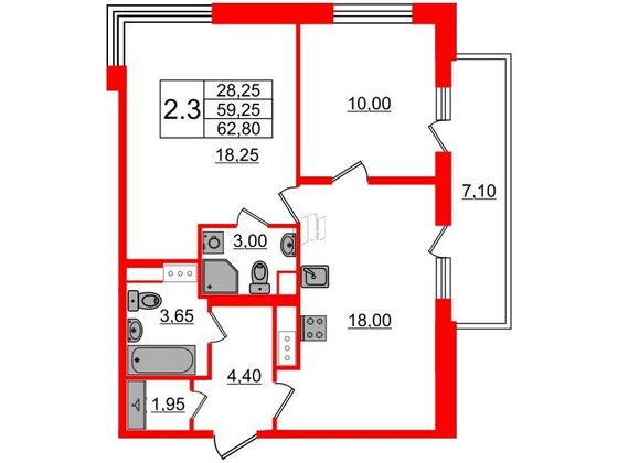 Продажа 2-комнатной квартиры 59,3 м², 12/12 этаж