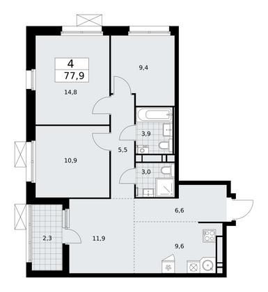 77,9 м², 4-комн. квартира, 16/17 этаж