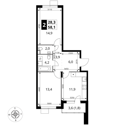 58,1 м², 2-комн. квартира, 16/16 этаж