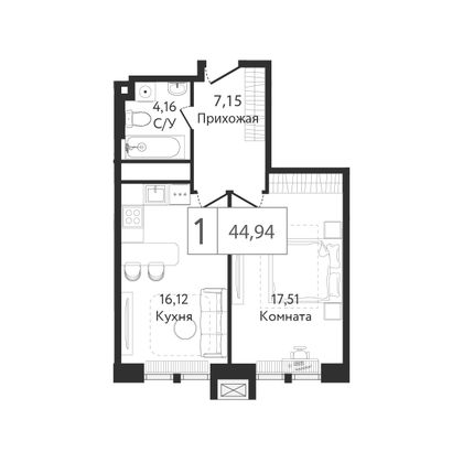 44,9 м², 1-комн. квартира, 16/24 этаж