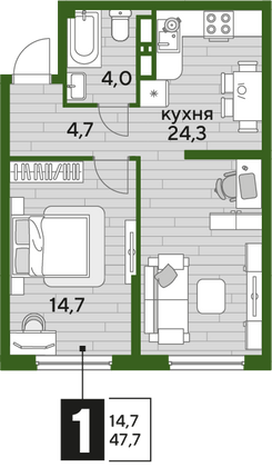 Продажа 1-комнатной квартиры 47,7 м², 10/16 этаж