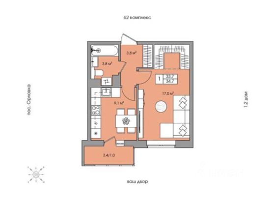 Продажа 1-комнатной квартиры 33,4 м², 6/12 этаж