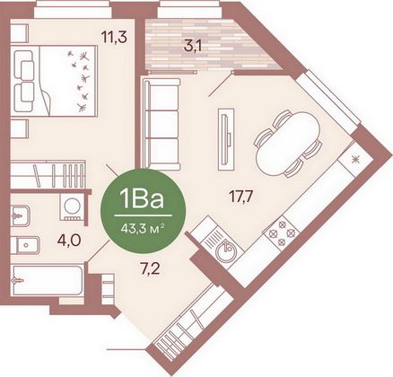 Продажа 1-комнатной квартиры 43,3 м², 3/17 этаж