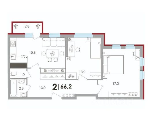 Продажа 2-комнатной квартиры 66 м², 13/17 этаж