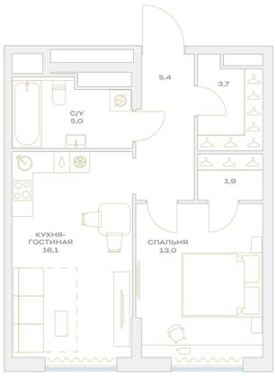 Продажа 1-комнатной квартиры 45,1 м², 11/23 этаж