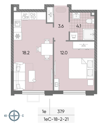 37,9 м², 1-комн. квартира, 21/24 этаж