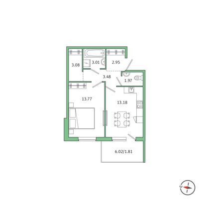 Продажа 1-комнатной квартиры 43,3 м², 1/5 этаж