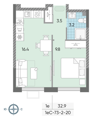 Продажа 1-комнатной квартиры 32,9 м², 19/24 этаж
