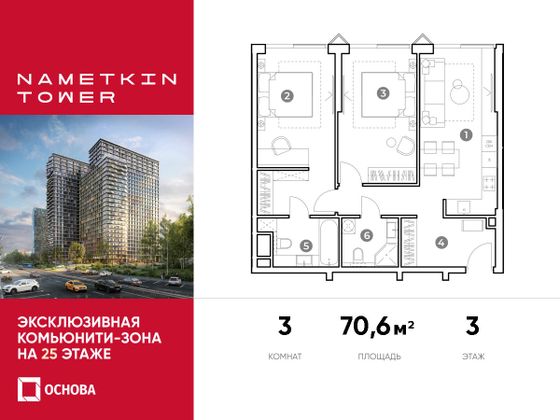 70,6 м², 3-комн. квартира, 3/29 этаж