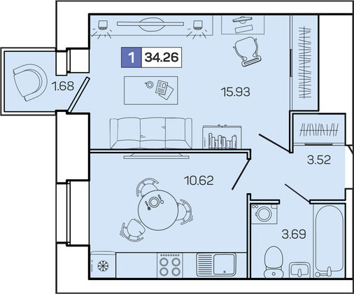 34,3 м², 1-комн. квартира, 5/9 этаж